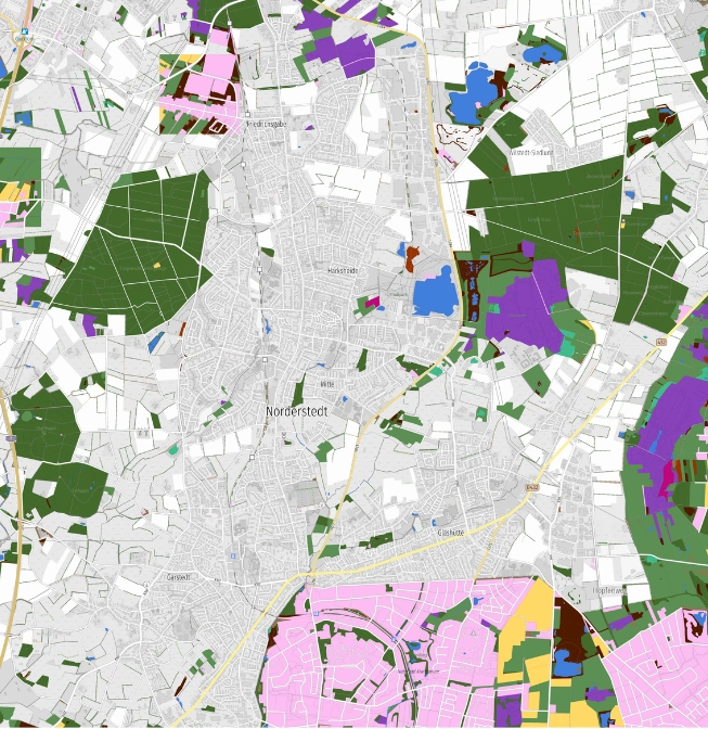 Digitale Biotopkartierung im Geoinformationssystem Thematische Karte mit farblich abgegrenzten Biotopflächen in einer Stadtregion