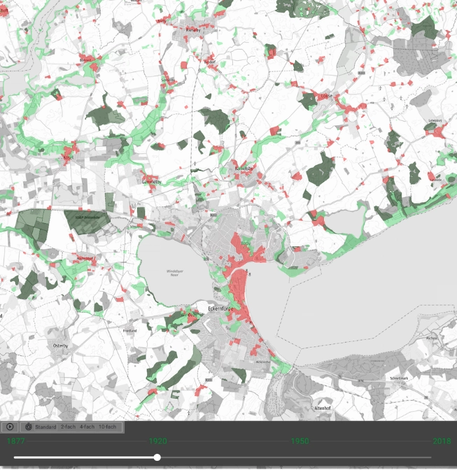 Historische Entwicklung von Landschaftsstrukturen Karte mit Zeitachse zur Darstellung des Kulturlandschaftswandels