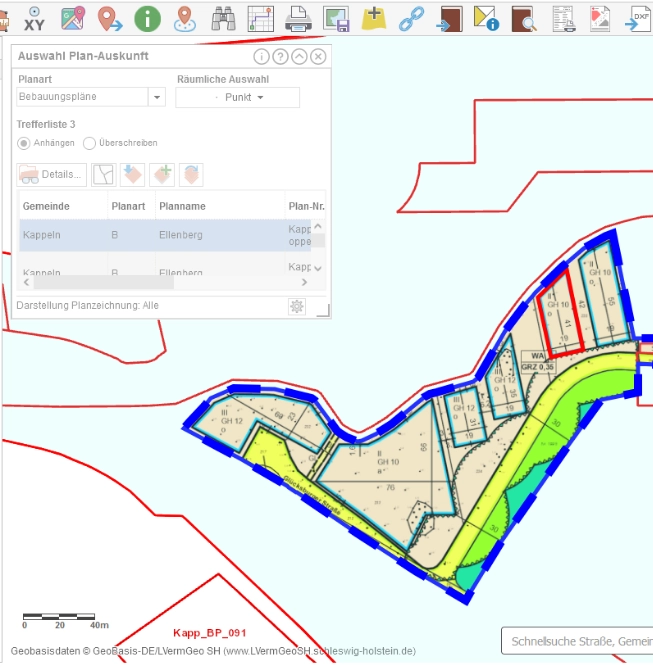 Planauskunft und Bauleitplanung im GIS Digital dargestellter Bebauungsplan mit ausgewählten Bauflächen