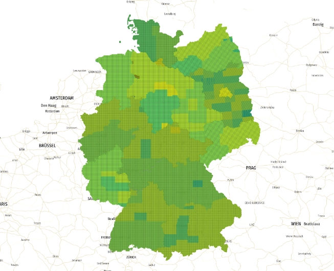 Geodatenmanagement und flächendeckende Auswertung Deutschlandkarte mit farblich abgestufter Rasterdarstellung