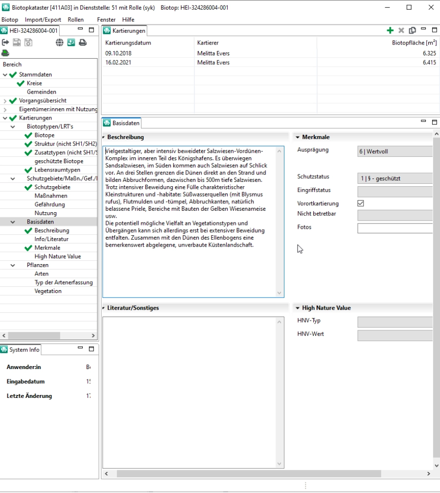 Softwareansicht mit Beschreibung und Schutzstatus eines Biotops