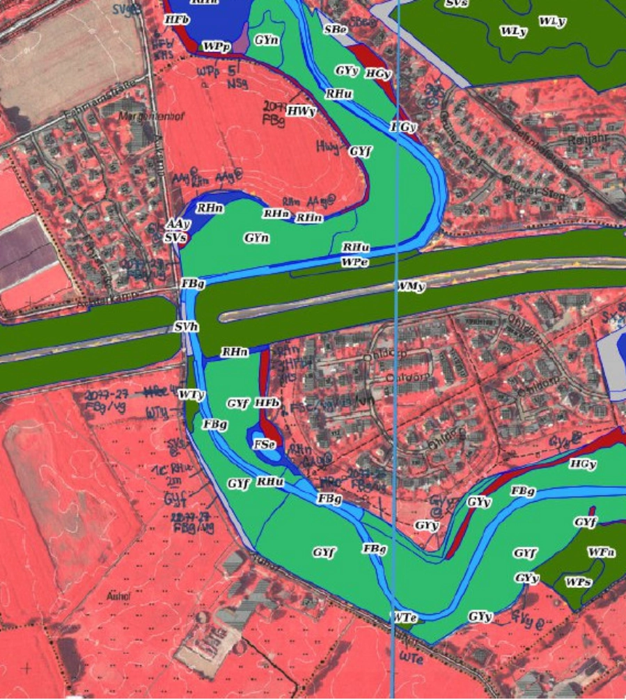 Thematische Biotopkarte mit farblich abgegrenzten Flächen und Gewässern