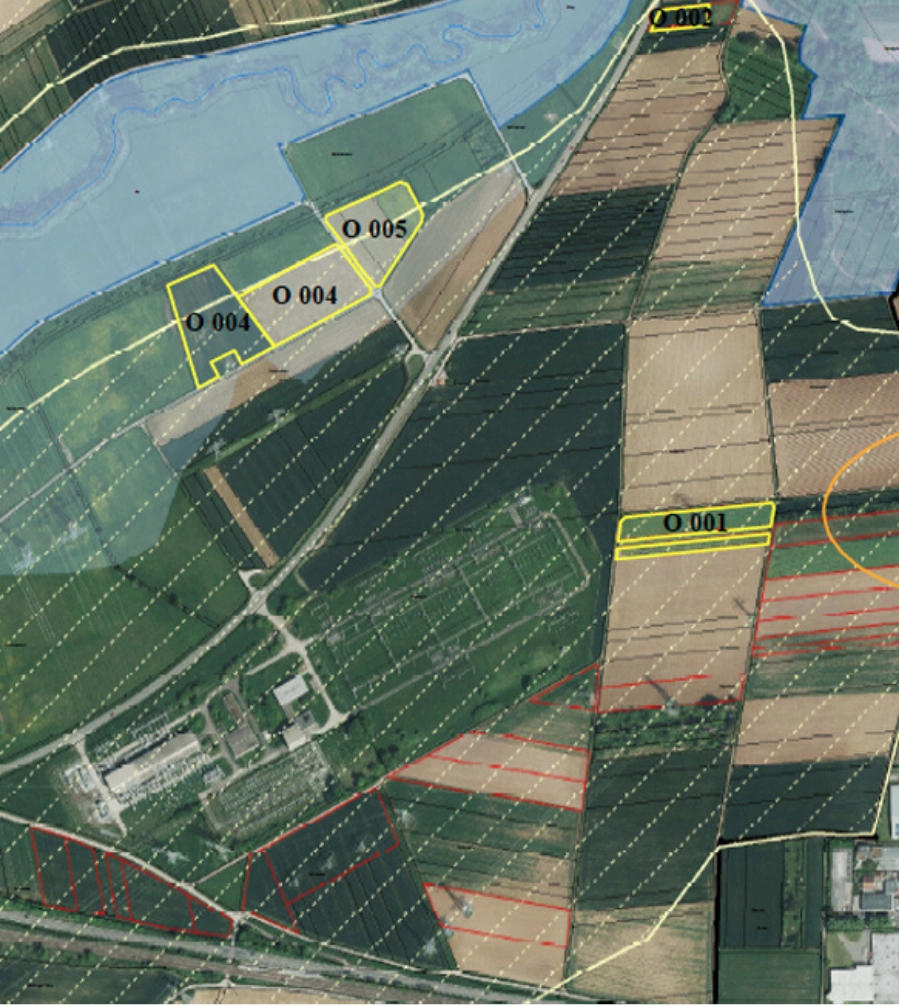 Luftbild mit abgegrenzten landwirtschaftlichen Flächen und kartierten Teilbereichen