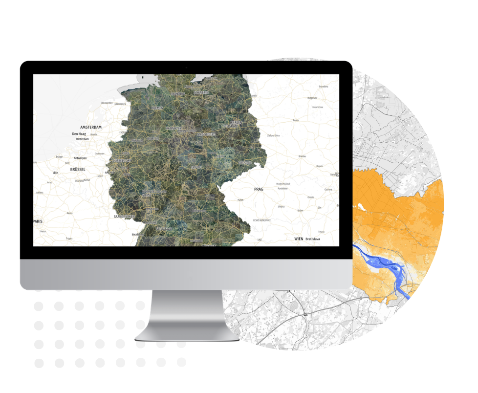 Kontaktieren Sie uns! Bildschirm mit Luftbild und Karte im Hintergrund