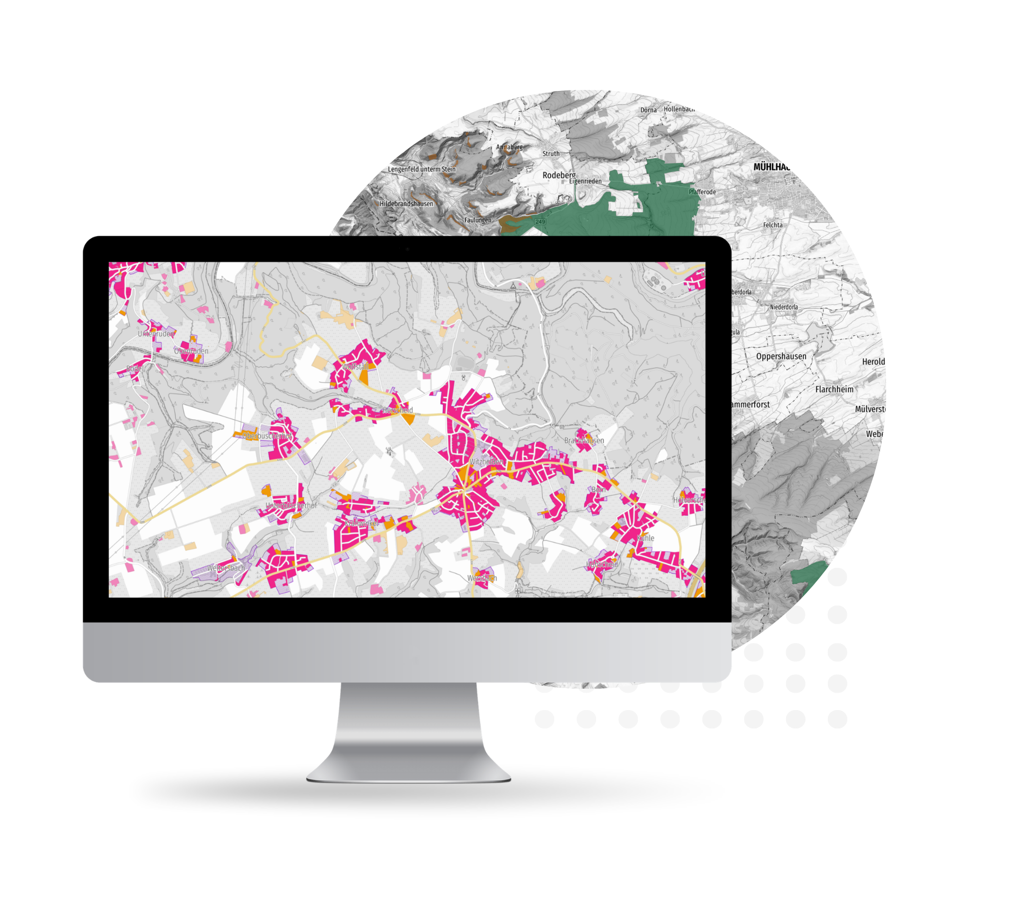GIS-Kartenanwendung mit thematischer Flächenanalyse auf einem Monitor