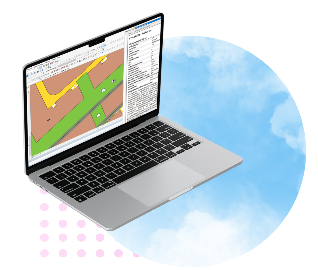 Laptop mit XPlanung-Daten und Bebauungsplan im GIS-Editor