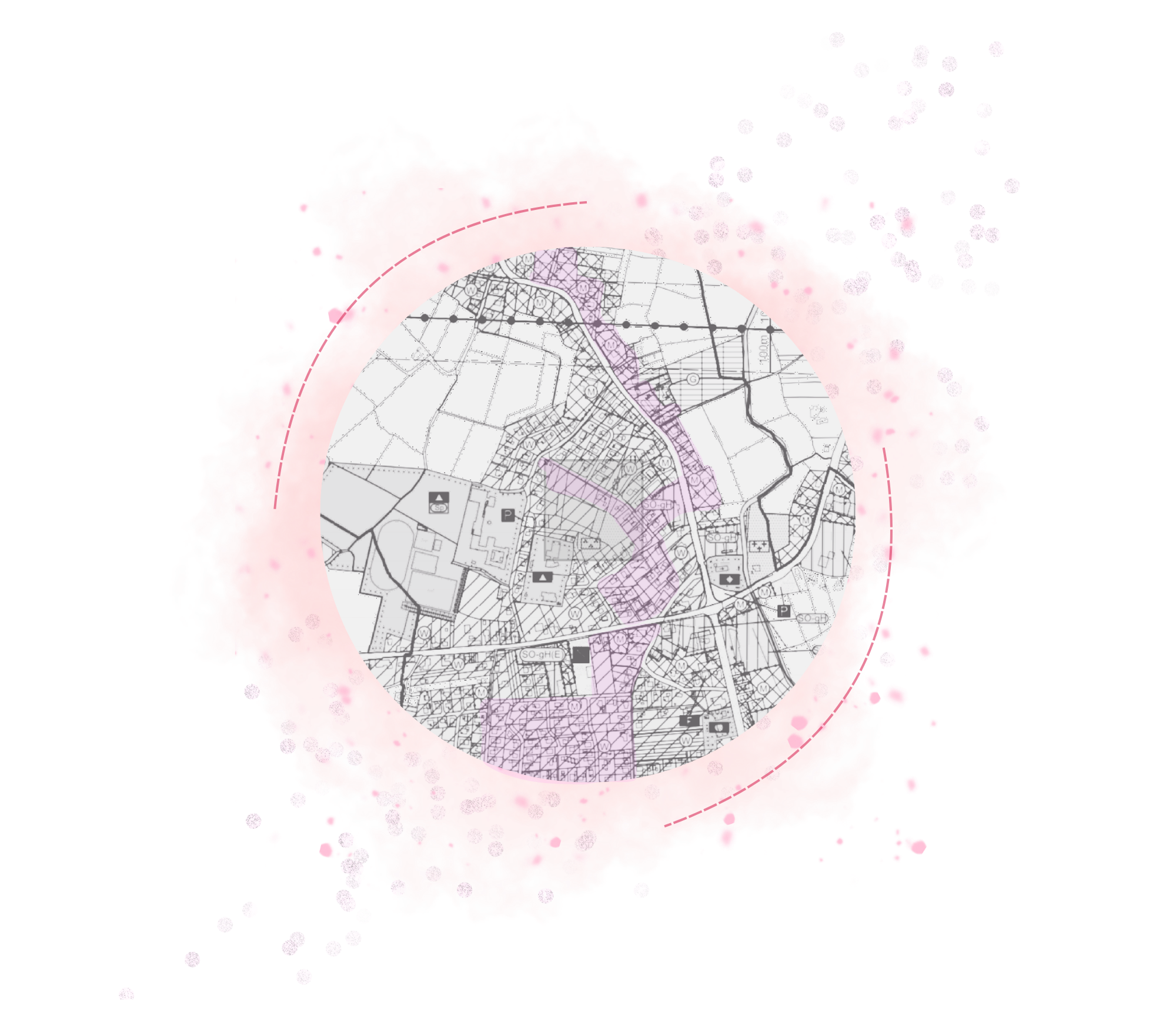 Stadtkarte in kreisförmiger Darstellung mit pinker Hervorhebung