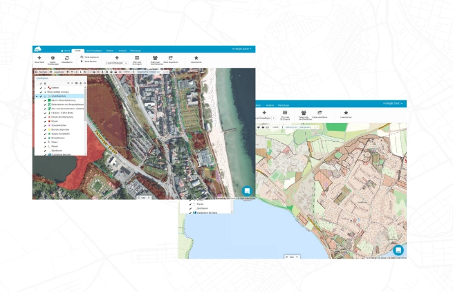 GIS-Anwendung von geoGLIS mit Luftbild- und Kartenansicht zur räumlichen Analyse und Planung