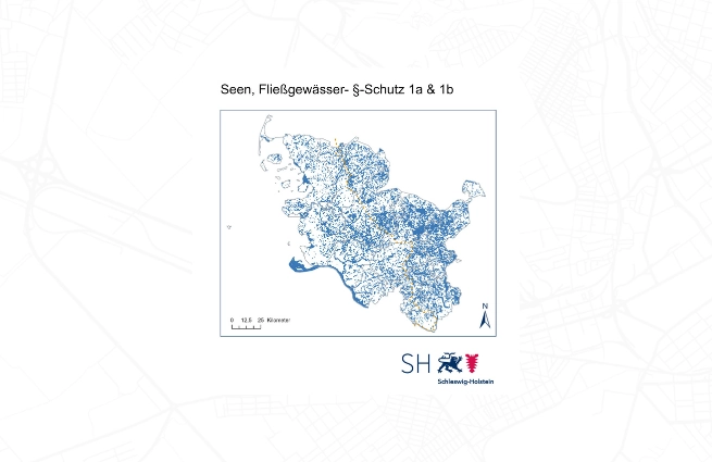 Karte von Schleswig-Holstein mit Darstellung geschützter Seen und Fließgewässer gemäß §-Schutz 1a und 1b