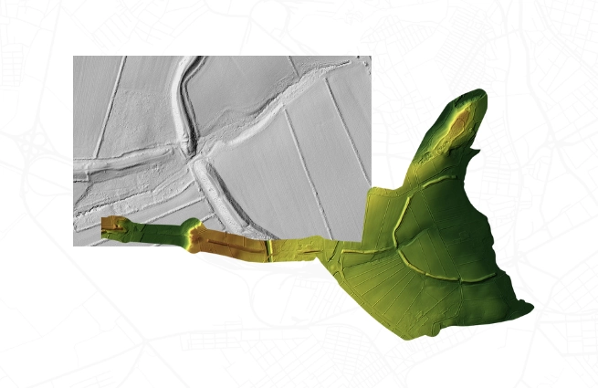 Geländemodell mit farbcodierter Höhenvisualisierung und Vergleich zu Schummerungsdarstellung