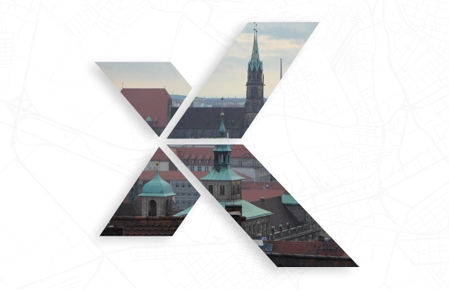 Symbolgrafik zur XPlanung mit Stadtansicht von Nürnberg