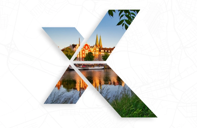 Symbolgrafik zur XPlanung mit Stadtansicht und Gewässer in Schleswig-Holstein