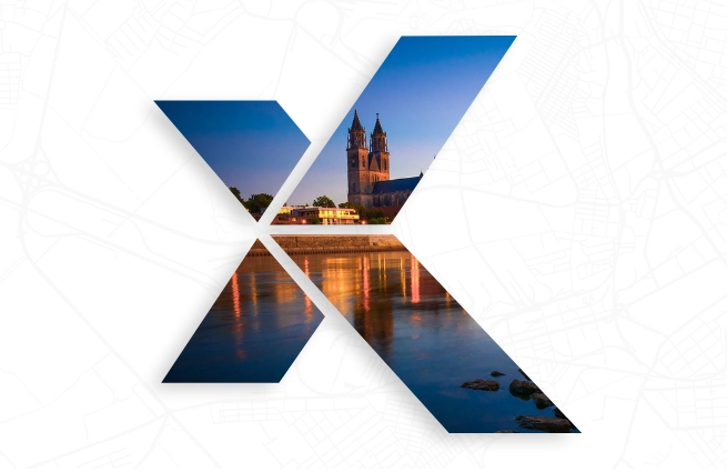 Symbolgrafik zur XPlanung mit Stadtansicht in Sachsen-Anhalt