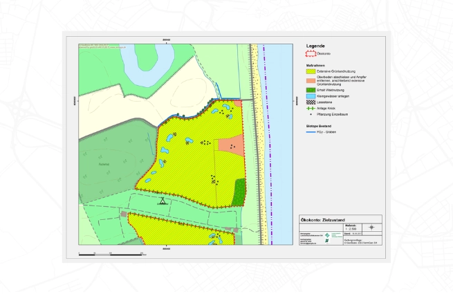 Kartografische Darstellung eines Ökokontos mit Flächenabgrenzungen, Biotoptypen und Maßnahmenflächen in einer GIS-Anwendung